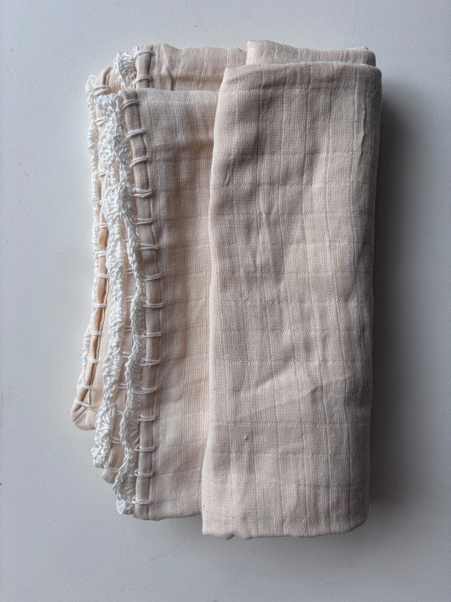 Organic cotton giant muslin swaddle with crocheted trim