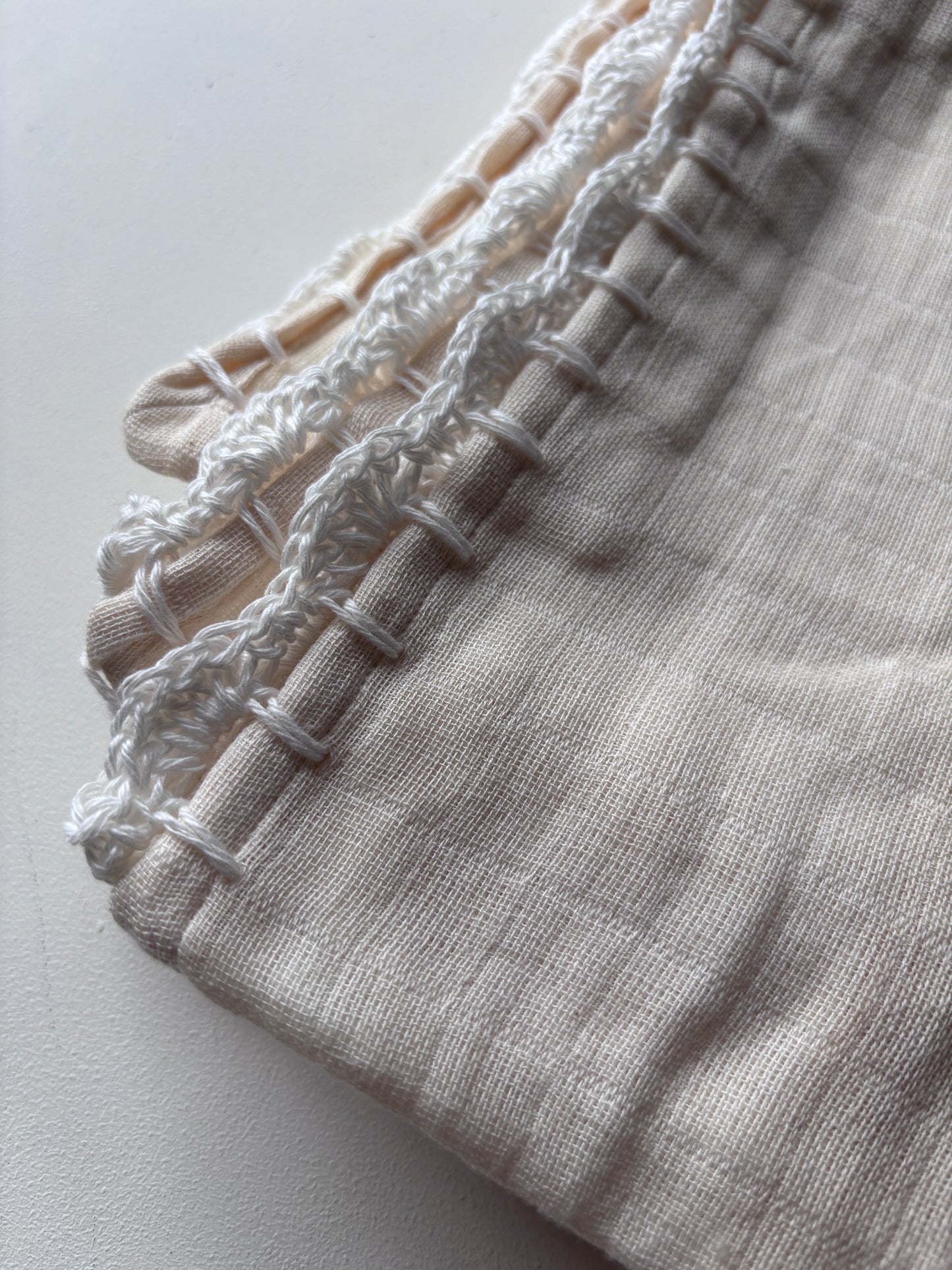 Organic cotton giant muslin swaddle with crocheted trim