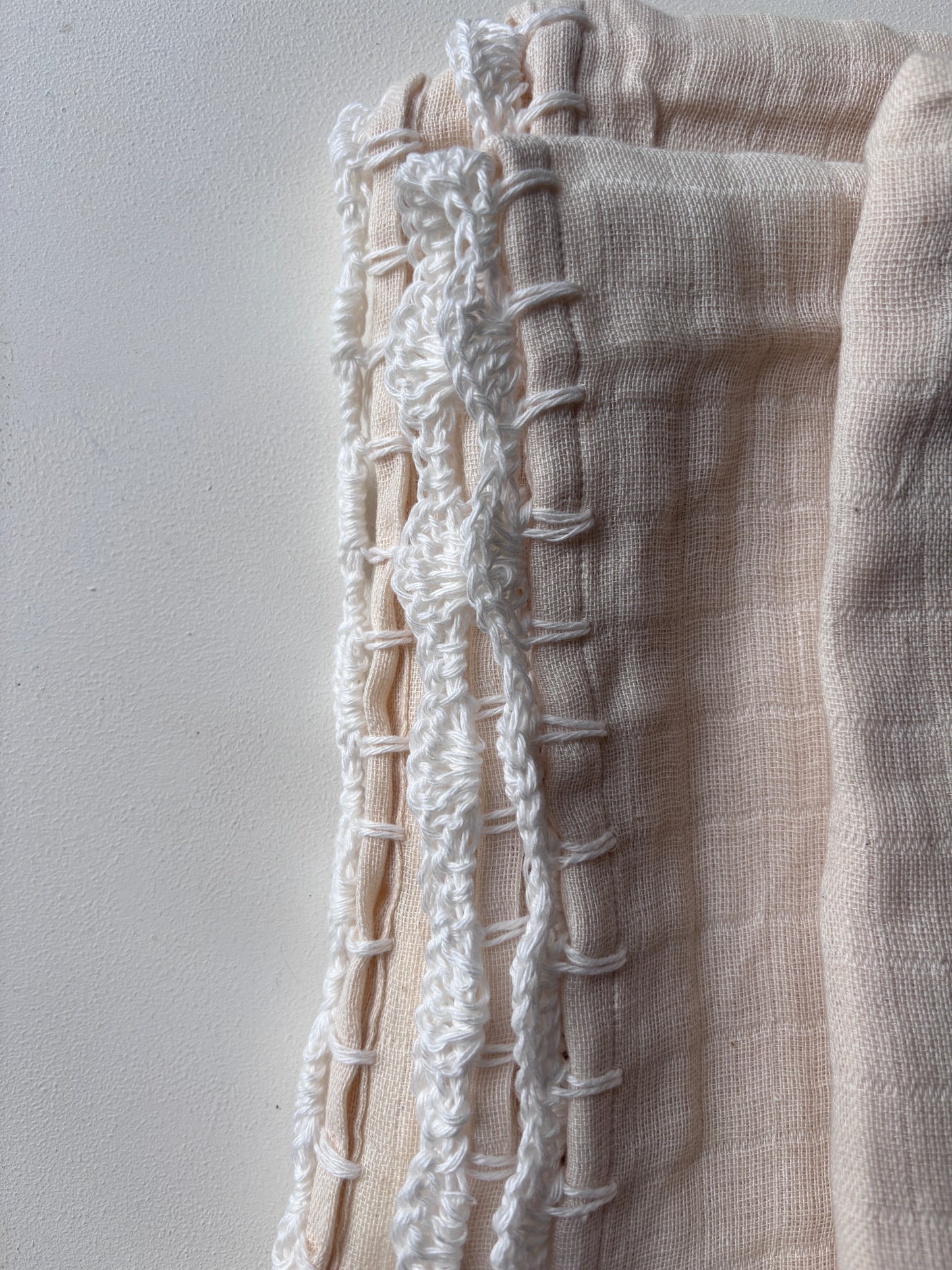 Organic cotton giant muslin swaddle with crocheted trim