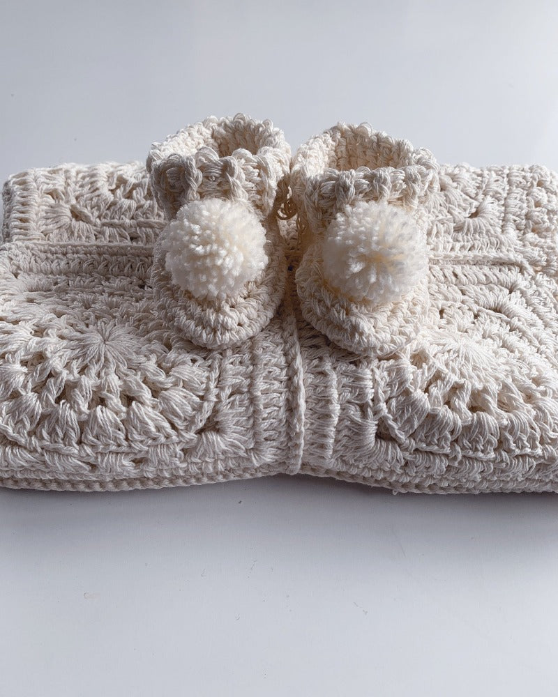 Award-winning organic cotton crochet Elsie baby blanket, handmade heirloom gift .